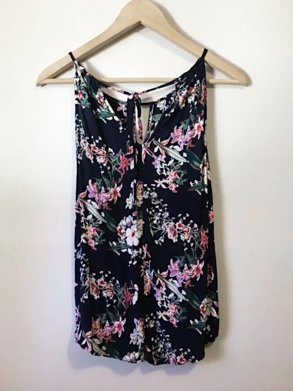 Warehouse One Navy Blue Floral Rayon Keyhole Tie Strap Summer Tank Top - XS